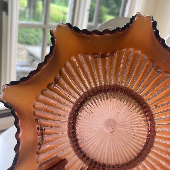 Antique Signed Northwood Stippled Rays Amethyst Carnival Glass Ruffled Bowl - Picture 6 of 10